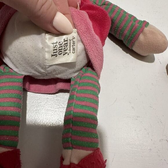 Carters Just One Year Brunette Plush Doll Brown Lovey Plush Pink‎ Green Dress